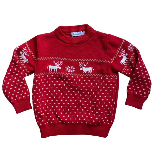 Grandwish Jacquard Knit Moose Sweater Kid Sz 4 Red Holiday Christmas Festive - Picture 1 of 11